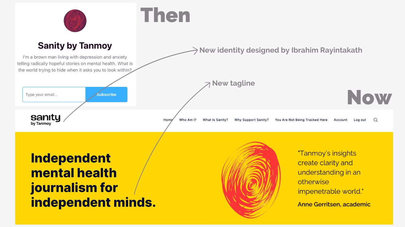 Screenshots comparing the look of the old Substack design and the new website design.