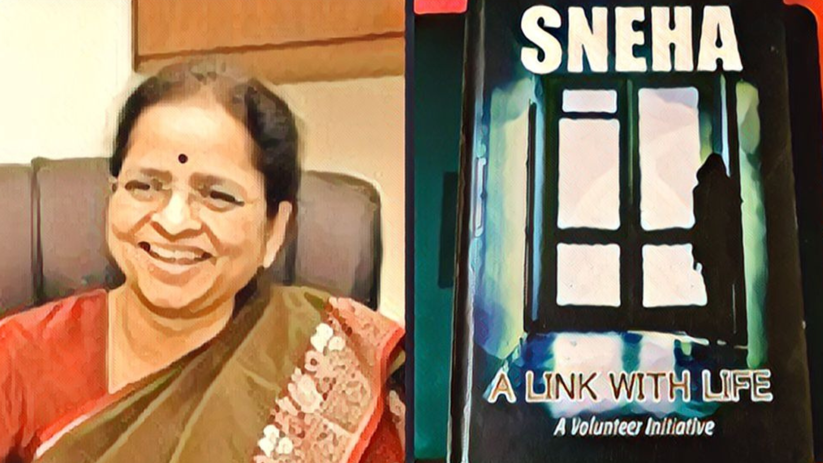 A collage with Lakshmi VIjayakumar, founder of Sneha, and the cover of the book Sneha: A link with Life