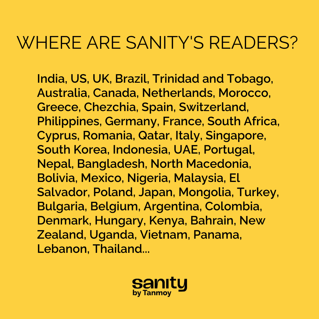 A list of countries where Sanity's readers are located. India, US, UK, Brazil, Trinidad and Tobago, Australia, Canada, Netherlands, Morocco, Greece, Chezchia, Spain, Switzerland, Philippines, Germany, France, South Africa, Cyprus, Romania, Qatar, Italy, Singapore, South Korea, Indonesia, UAE, Portugal, Nepal, Bangladesh, North Macedonia, Bolivia, Mexico, Nigeria, Malaysia, El Salvador, Poland, Japan, Mongolia, Turkey, Bulgaria, Belgium, Argentina, Colombia, Denmark, Hungary, Kenya, Bahrain, New Zealand, Uganda, Vietnam, Panama, Lebanon, Thailand...