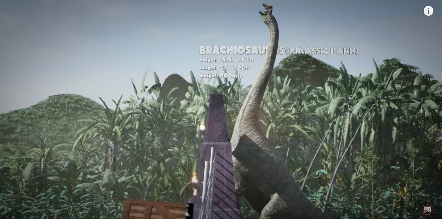 Screengrab of a size comparison vide of dinosaurs shown in the Jurassic Park movies. Shows a Brachiosaurus mid-scream. Height: 51 ft. Length: 90 ft. Weight: 50 tonnes. 