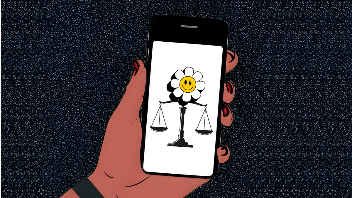 Hand holding a smartphone, the screen showing a balanced scale of justice and a smiling flower