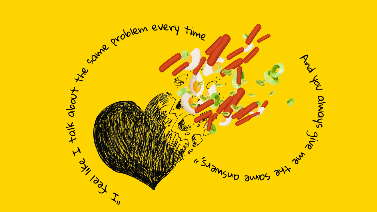 A heart breaking into pieces, the broken pieces merge with pieces of tteokbokki