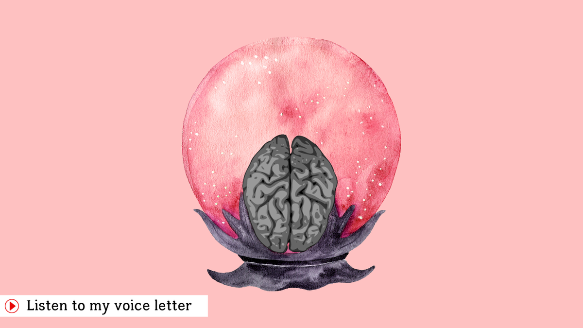 A pink crystal ball with a human brain inside