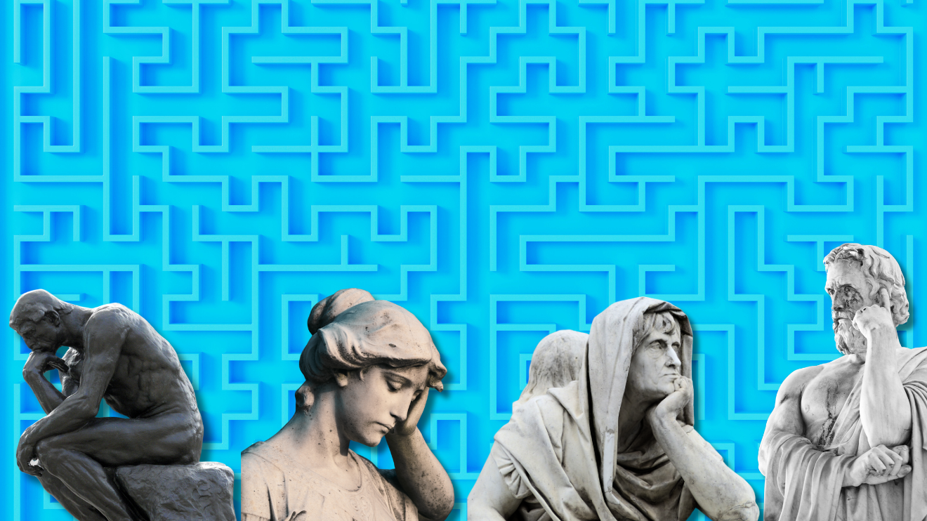 Marble statues of various people in the thinking pose against the background of a sky-blue maze