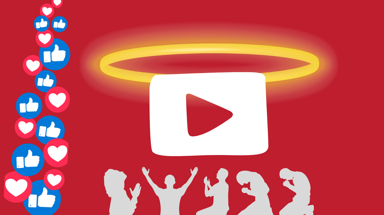 A white YouTube play button with a halo around it. People are genuflecting before it, as heart and thumbs up emojis float by,