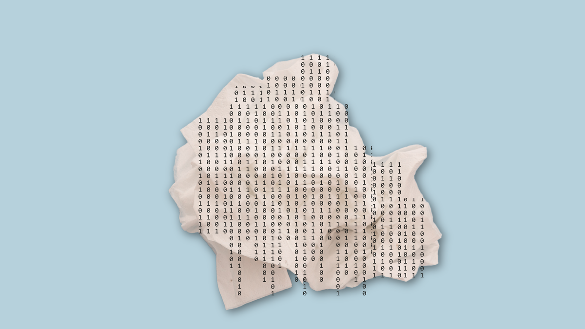 A crumpled piece of tissue with 0s and 1s overlaid on it