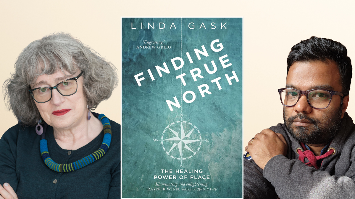 A collage of Linda Gask and my photographs, with the cover of Gask's book 'Finding True North: The Healing Power of Place" between us