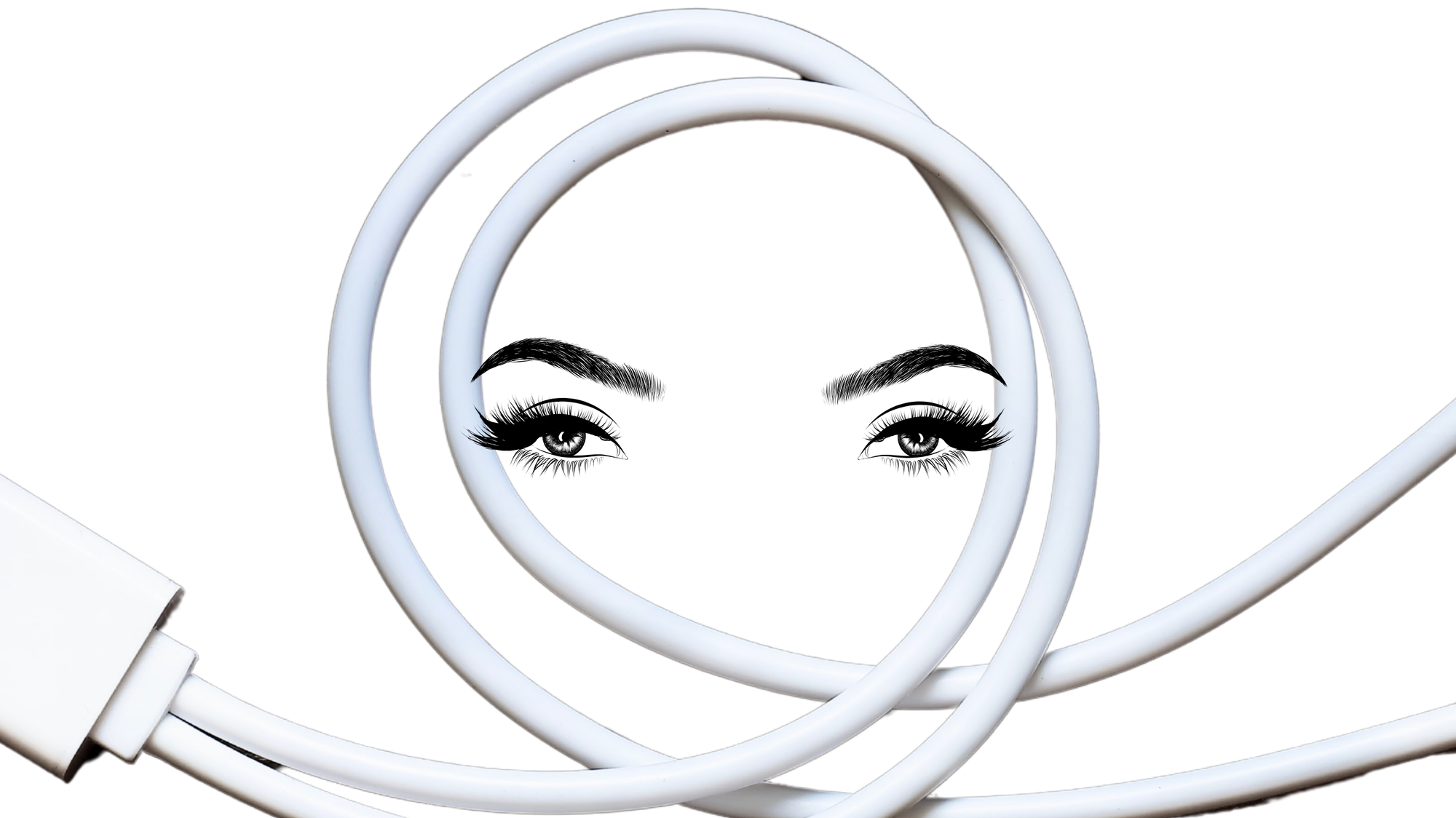 Two feminine looking eyes surrounded by a loop of USB charging cable