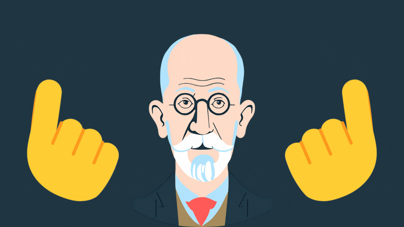 A GIF of two hands forming flying hearts on either side and an illustration of Freud in the middle